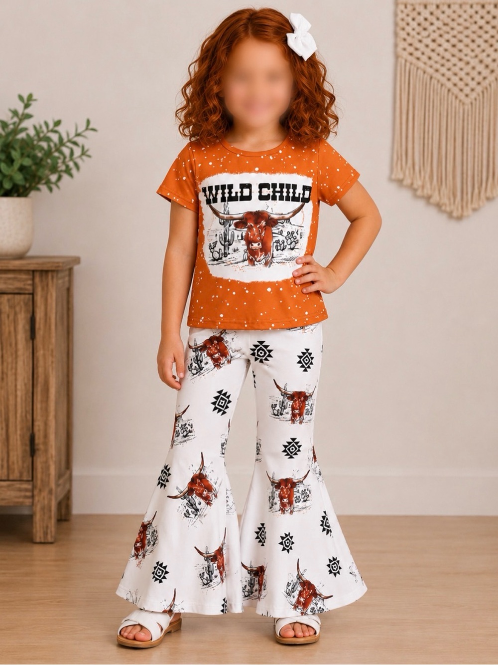 Girls Boutique Western Steer WILD CHILD Graphic Top & Bell Bottoms Pants Set